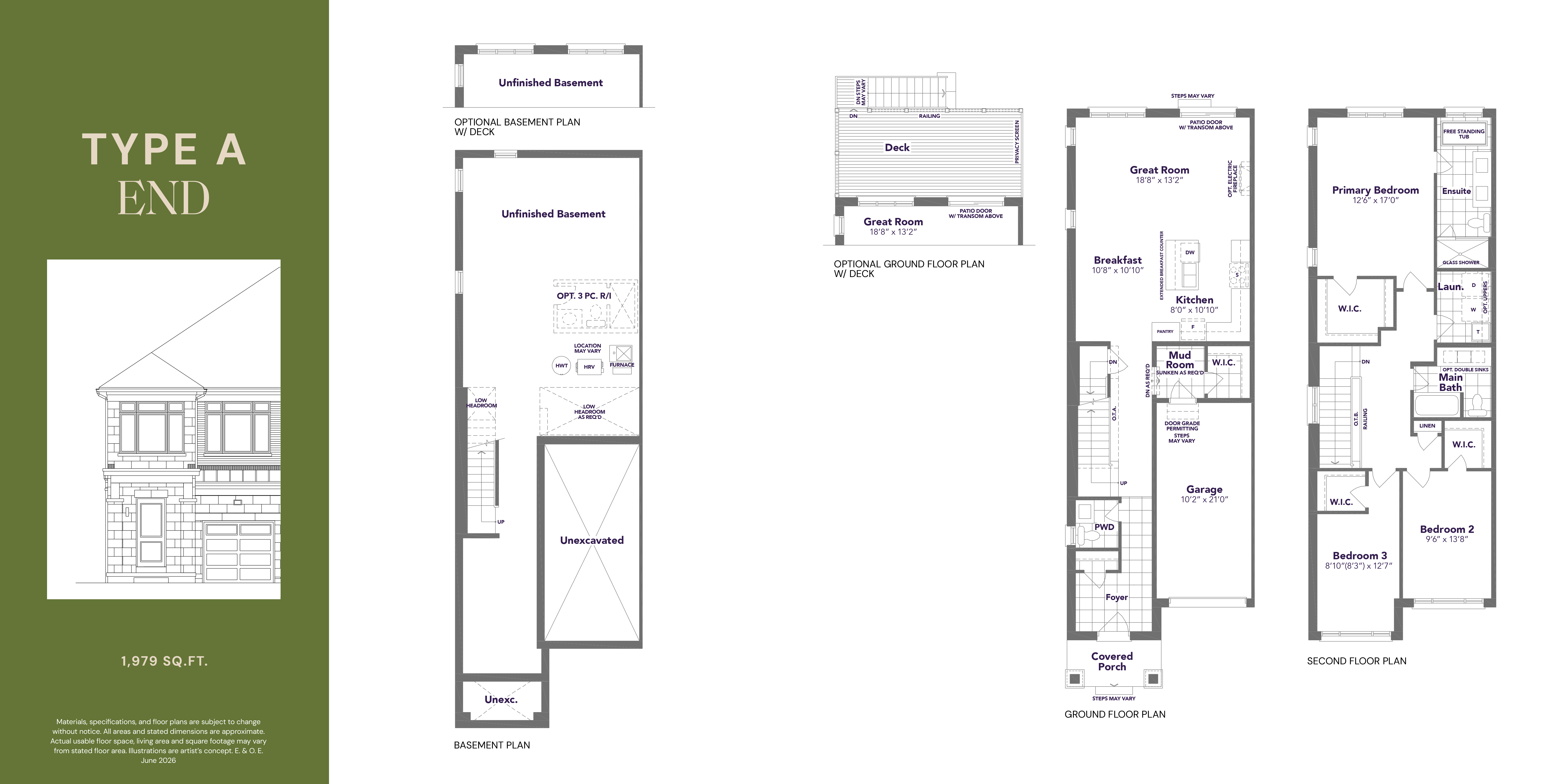 Type A End floor plan — 1,979 sq ft, 3 bedroom, 2.5 bathroom traditional freehold townhome in Markham