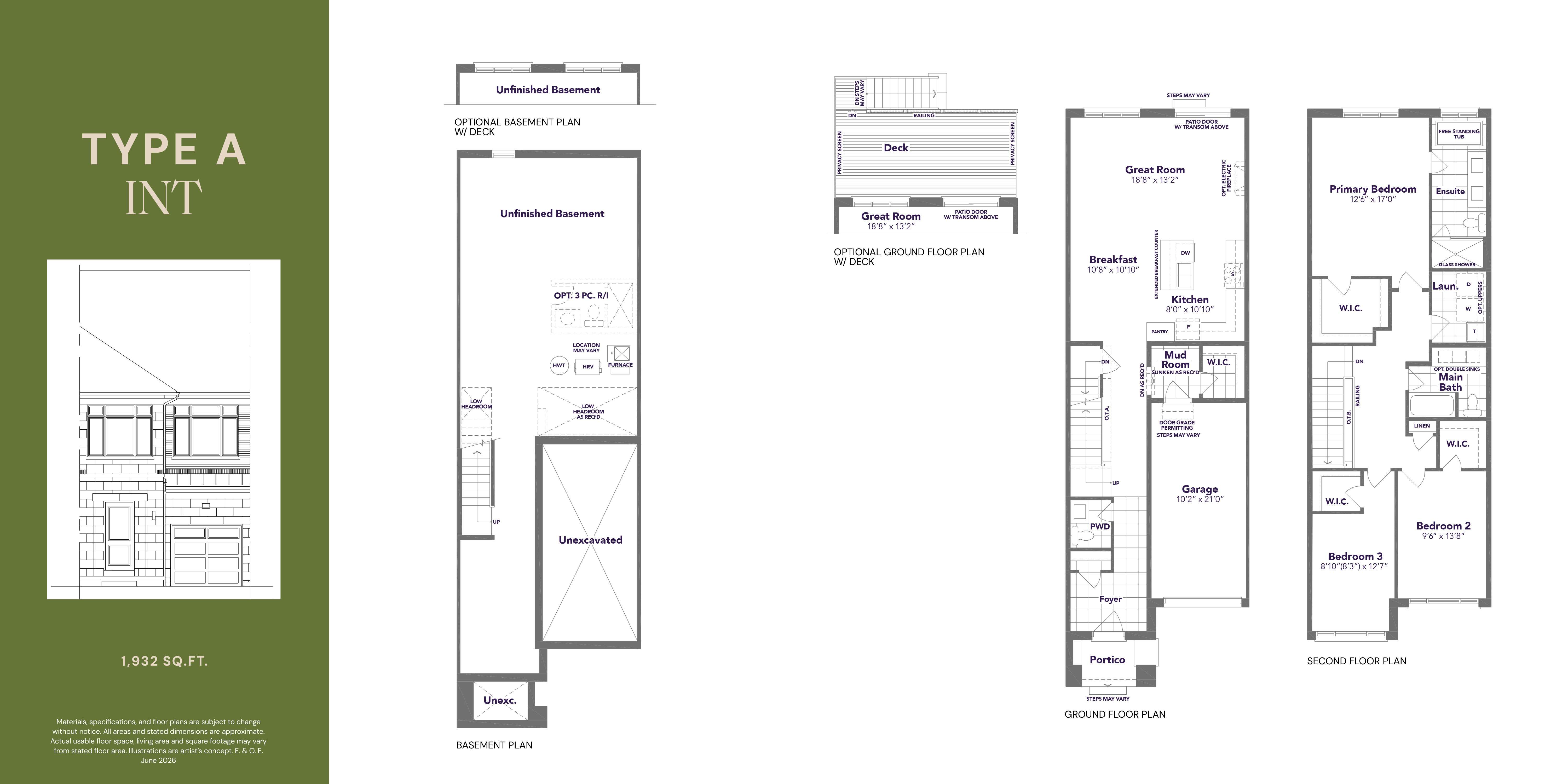 Type A Int floor plan — 1,932 sq ft, 3 bedroom, 2.5 bathroom traditional freehold townhome in Markham