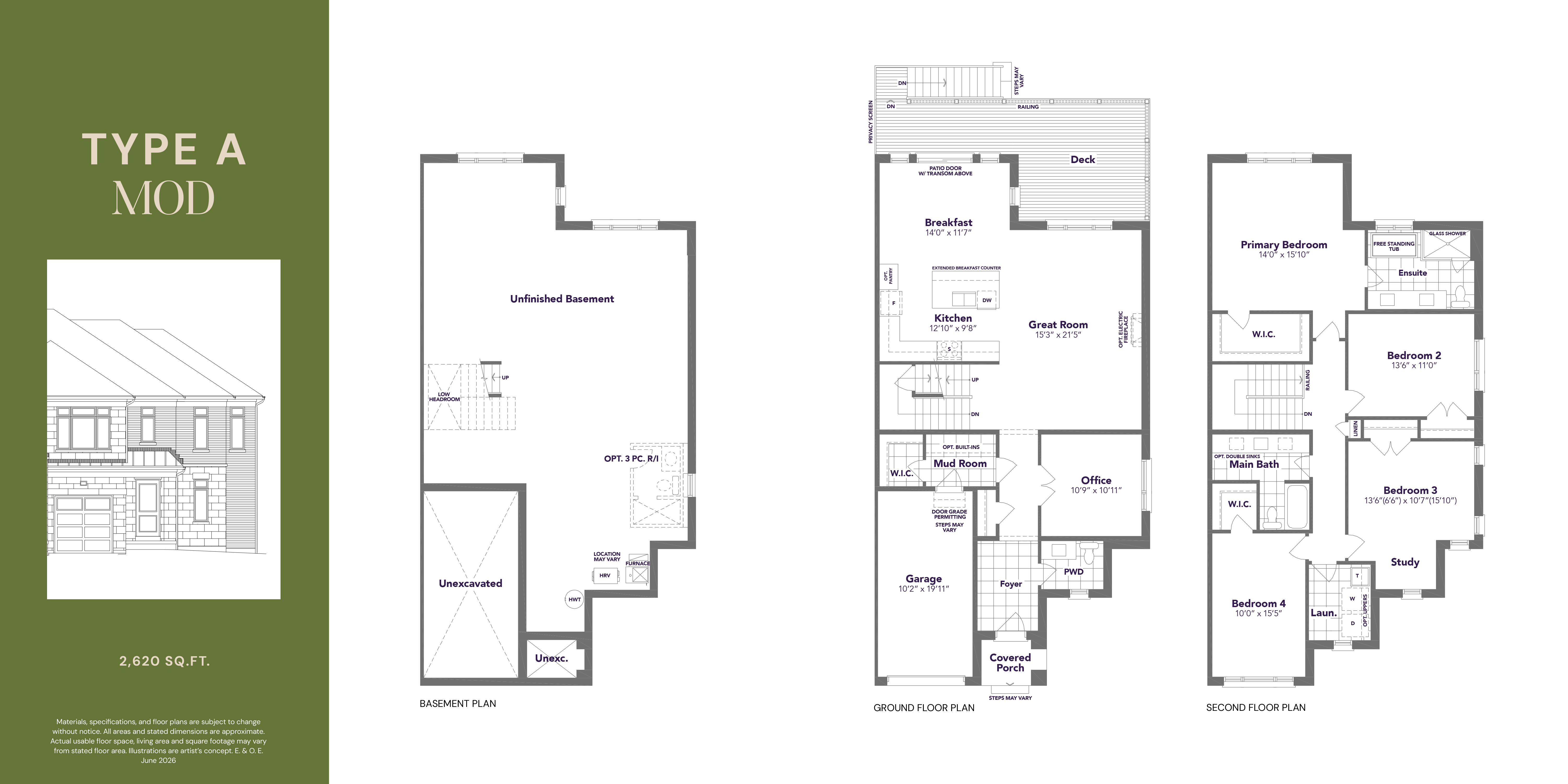Type A Mod floor plan — 2,620 sq ft, 4 bedroom, 2.5 bathroom traditional freehold townhome in Markham
