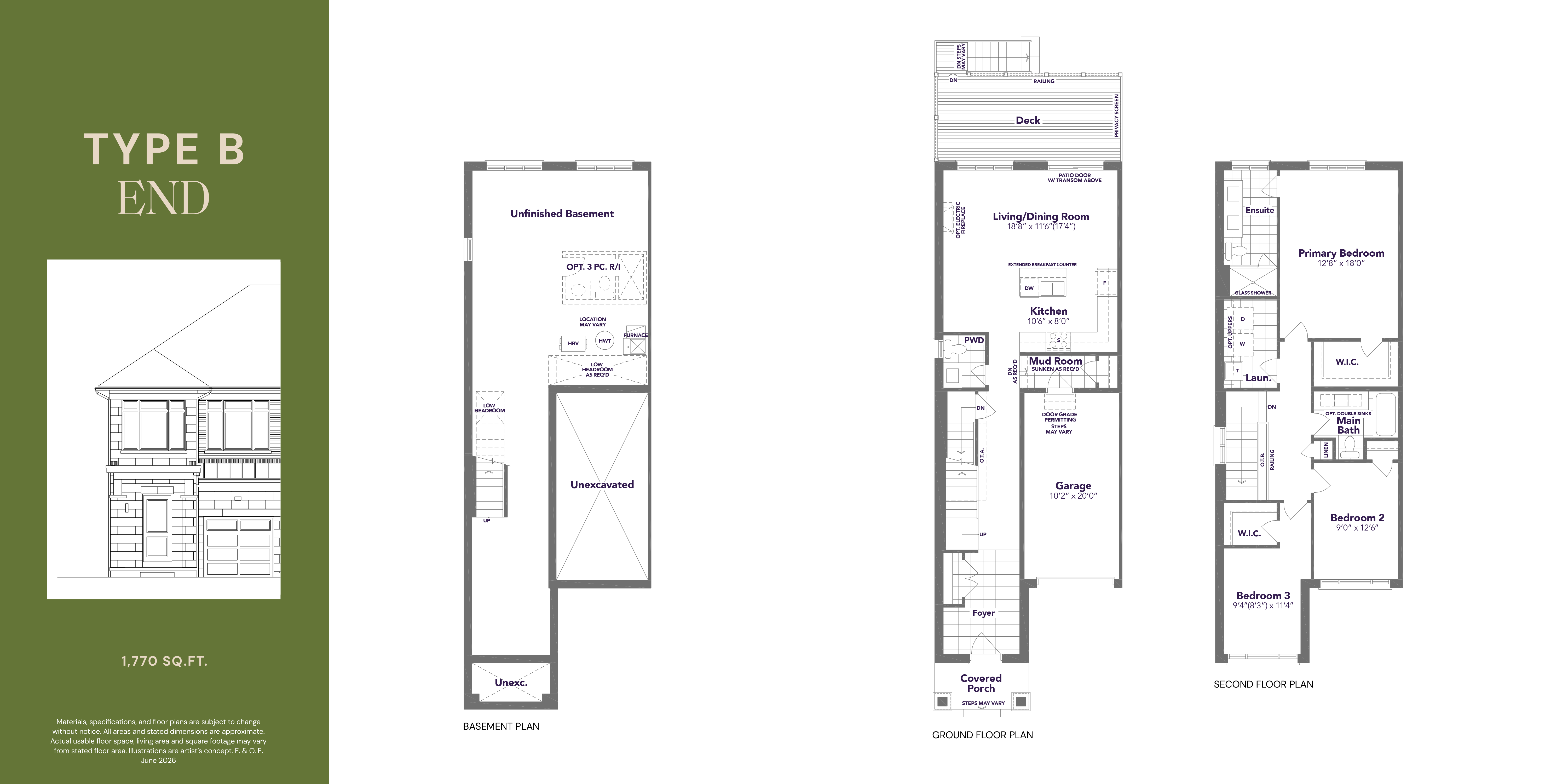 Type B End floor plan — 1,770 sq ft, 3 bedroom, 2.5 bathroom traditional freehold townhome in Markham