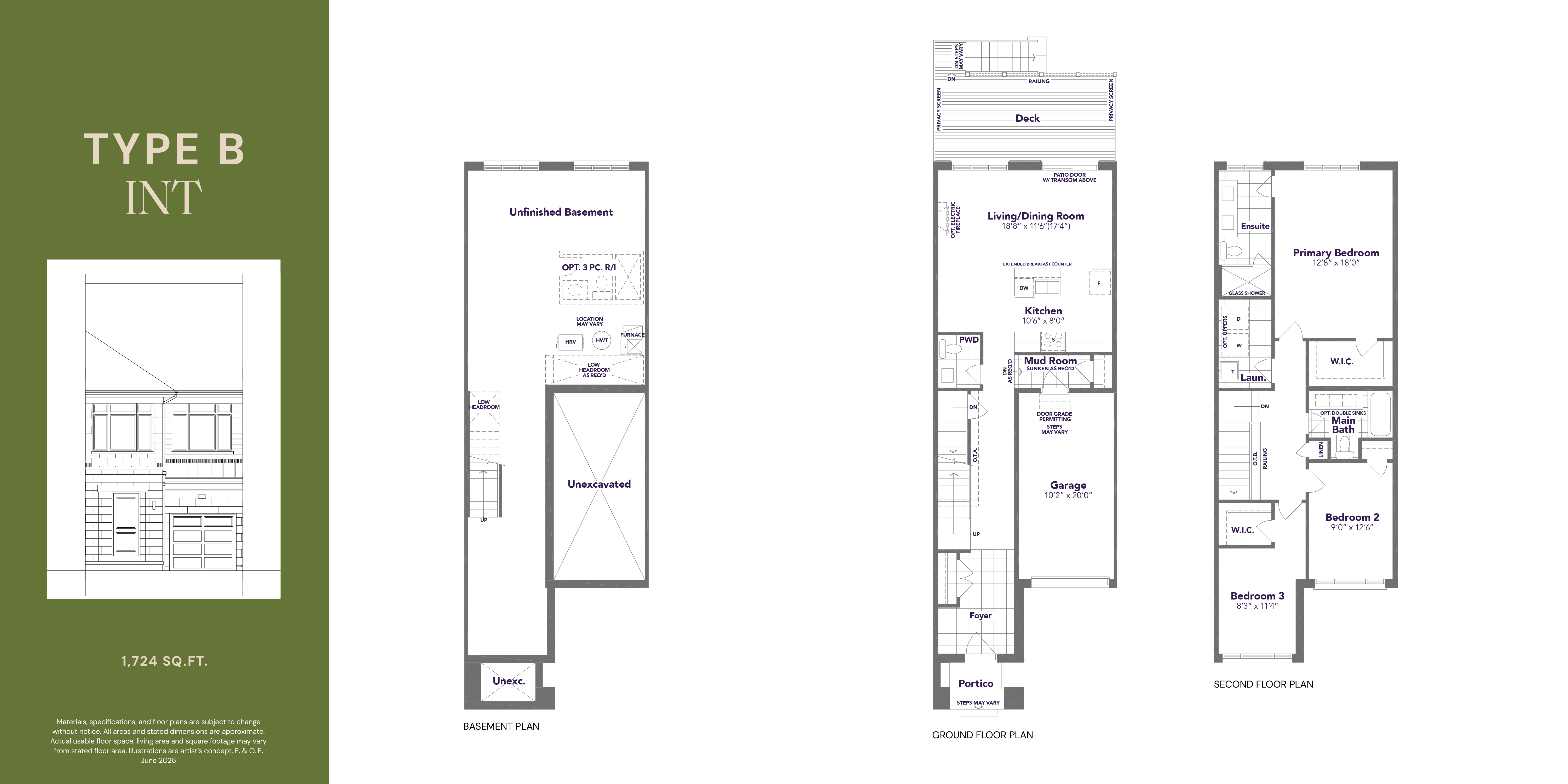Type B Int floor plan — 1,724 sq ft, 3 bedroom, 2.5 bathroom traditional freehold townhome in Markham