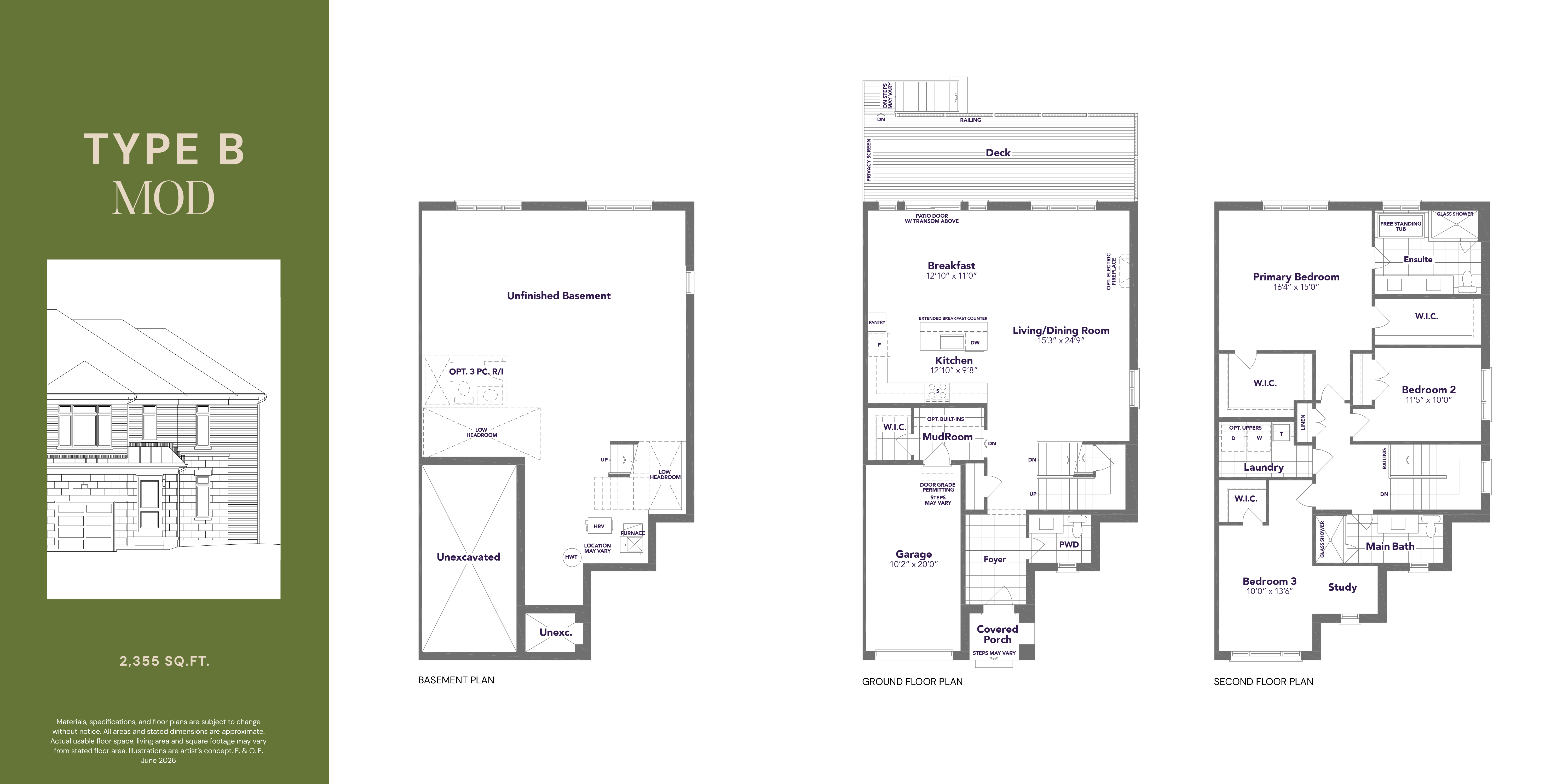 Type B Mod floor plan — 2,355 sq ft, 3 bedroom, 2.5 bathroom traditional freehold townhome in Markham