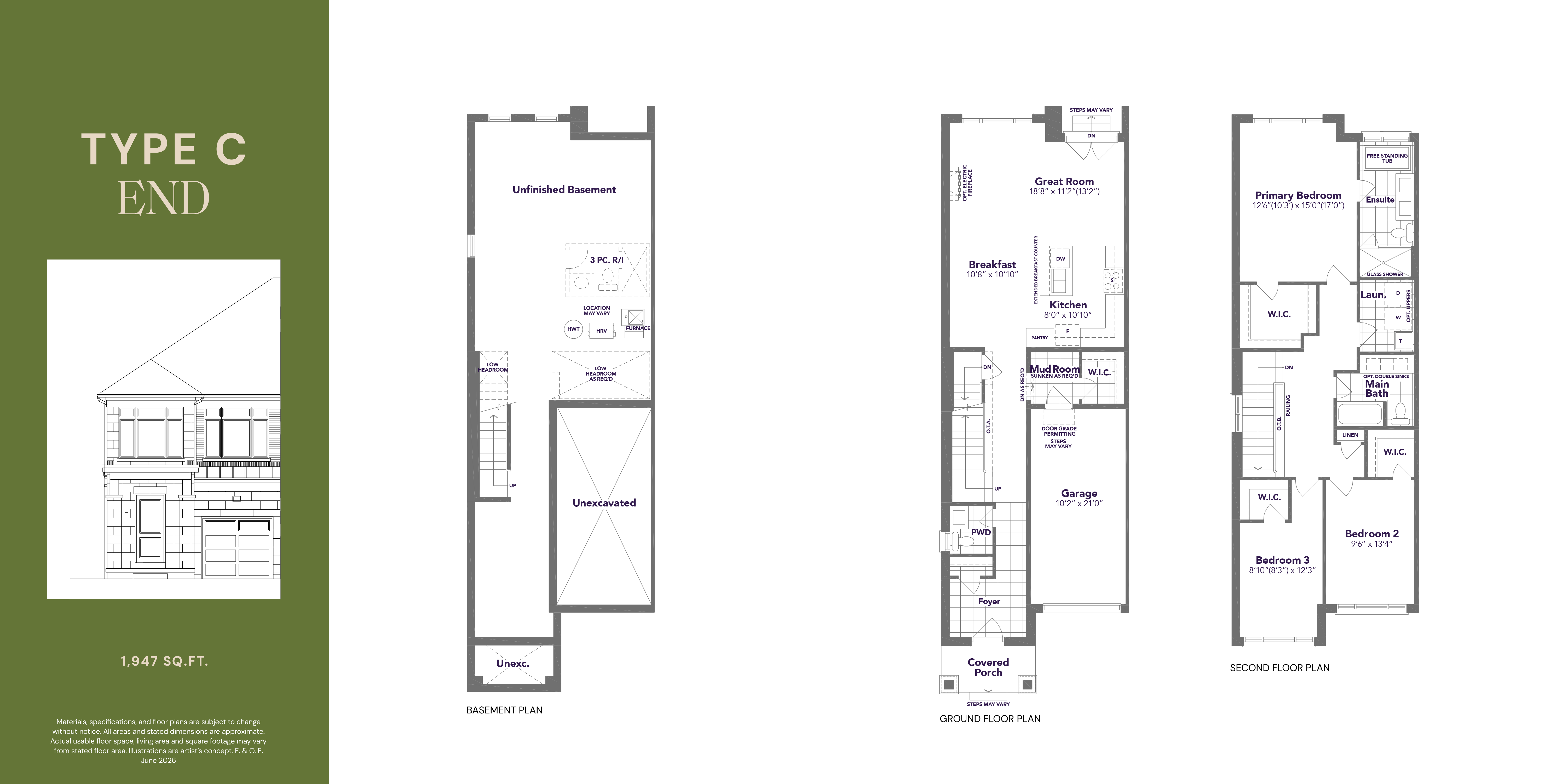 Type C End floor plan — 1,947 sq ft, 3 bedroom, 2.5 bathroom traditional freehold townhome in Markham