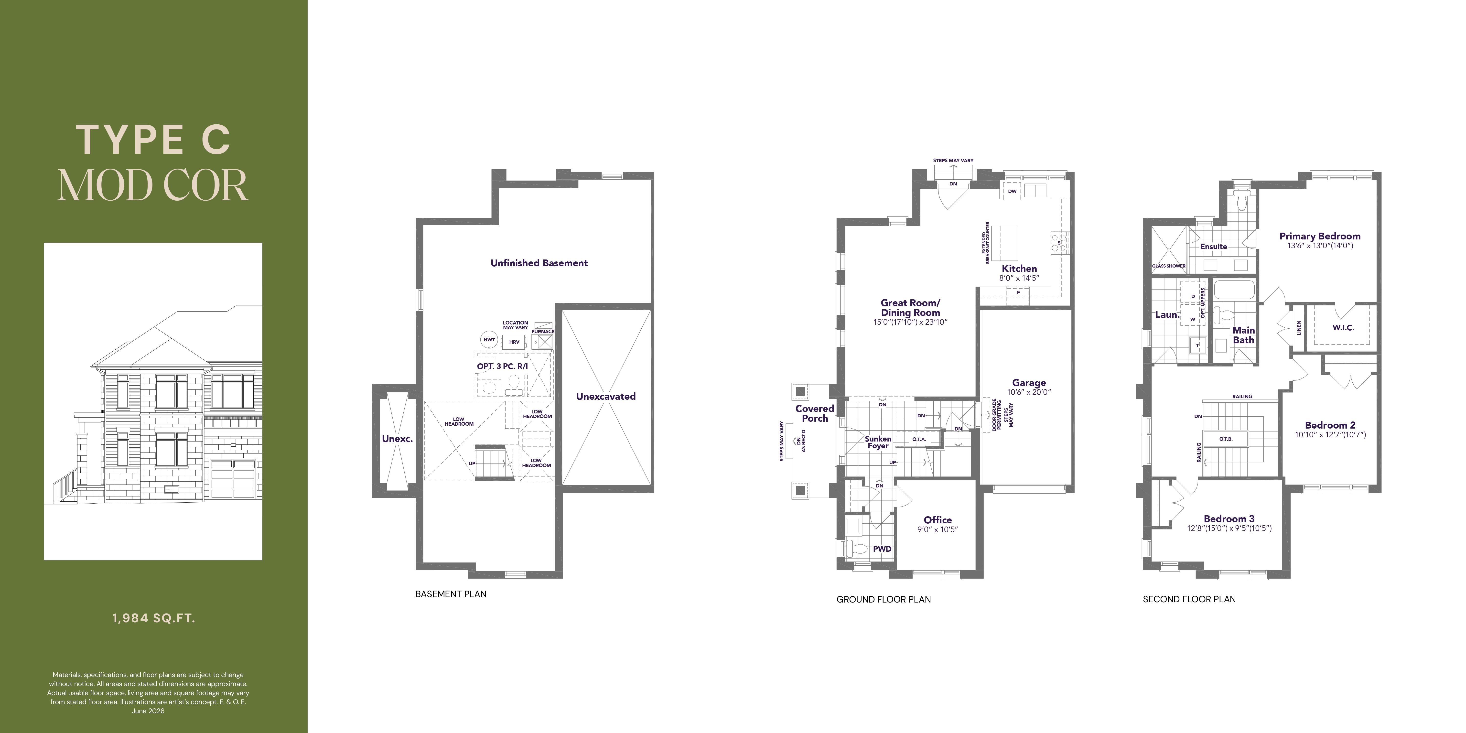 Type C Mod Cor floor plan — 1,984 sq ft, 3 bedroom, 2.5 bathroom traditional freehold townhome in Markham