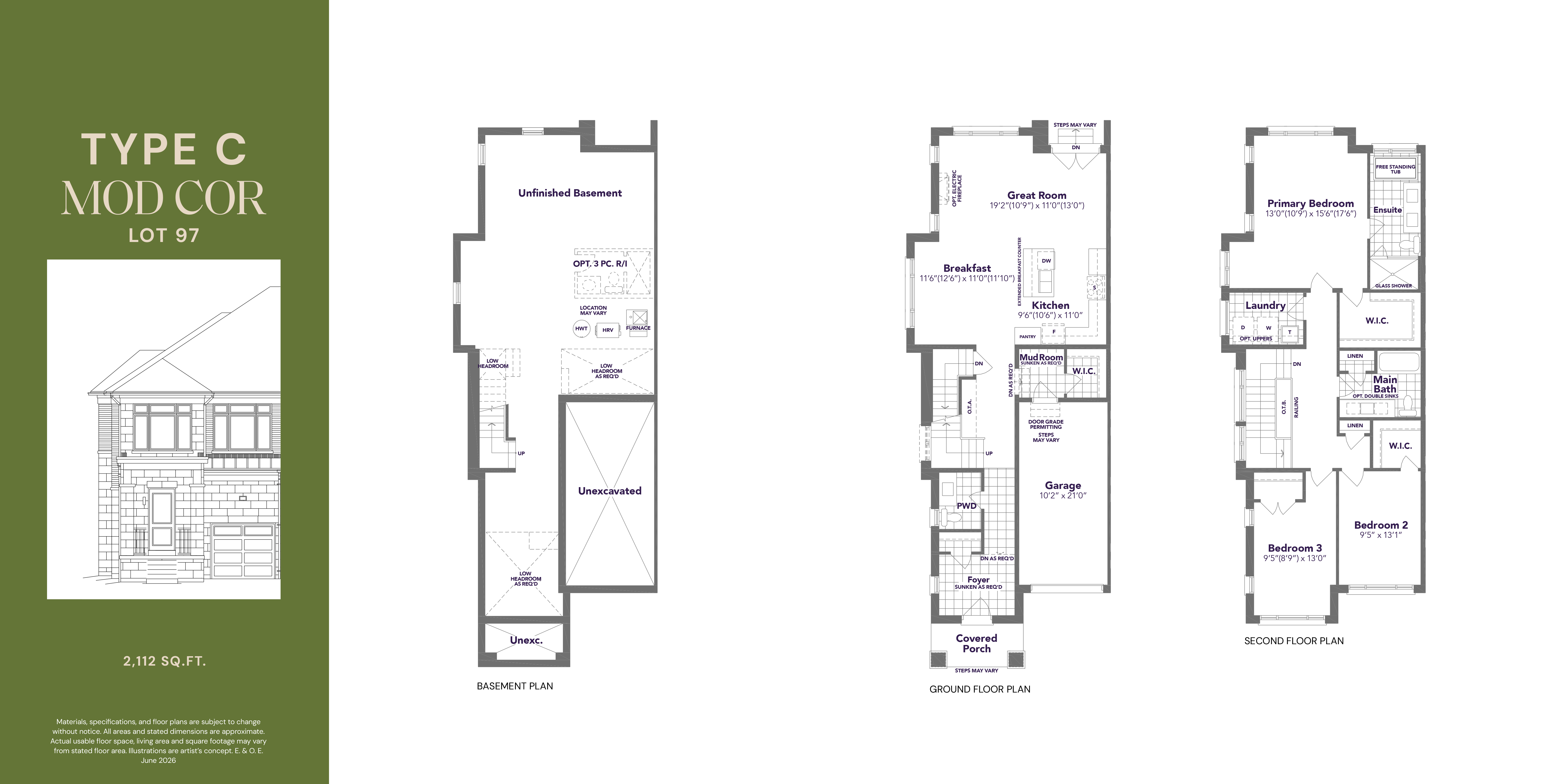 Type C Mod Cor Lot 97 floor plan — 2,112 sq ft, 3 bedroom, 2.5 bathroom traditional freehold townhome in Markham