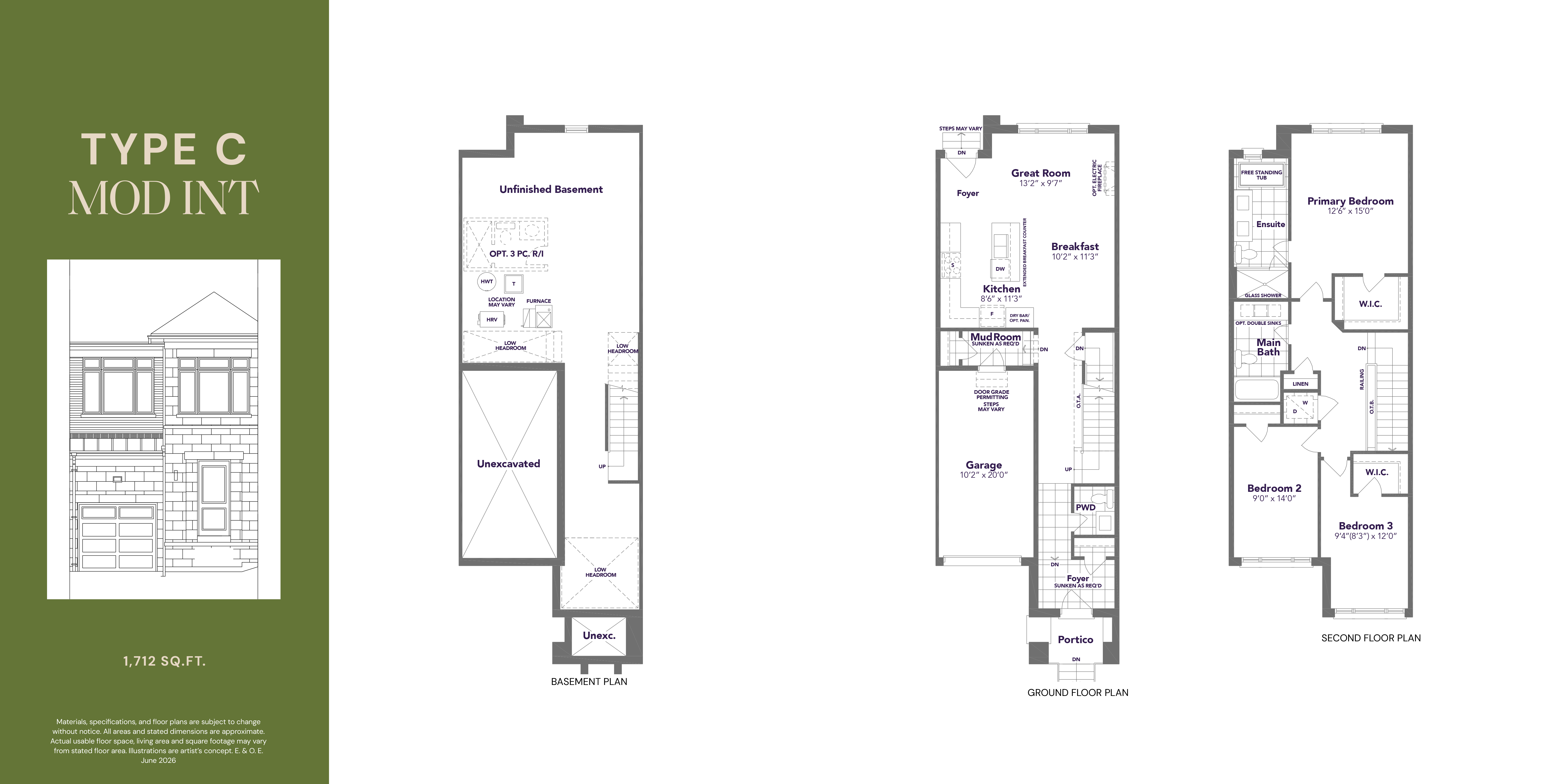 Type C Mod Int floor plan — 1,712 sq ft, 3 bedroom, 2.5 bathroom traditional freehold townhome in Markham