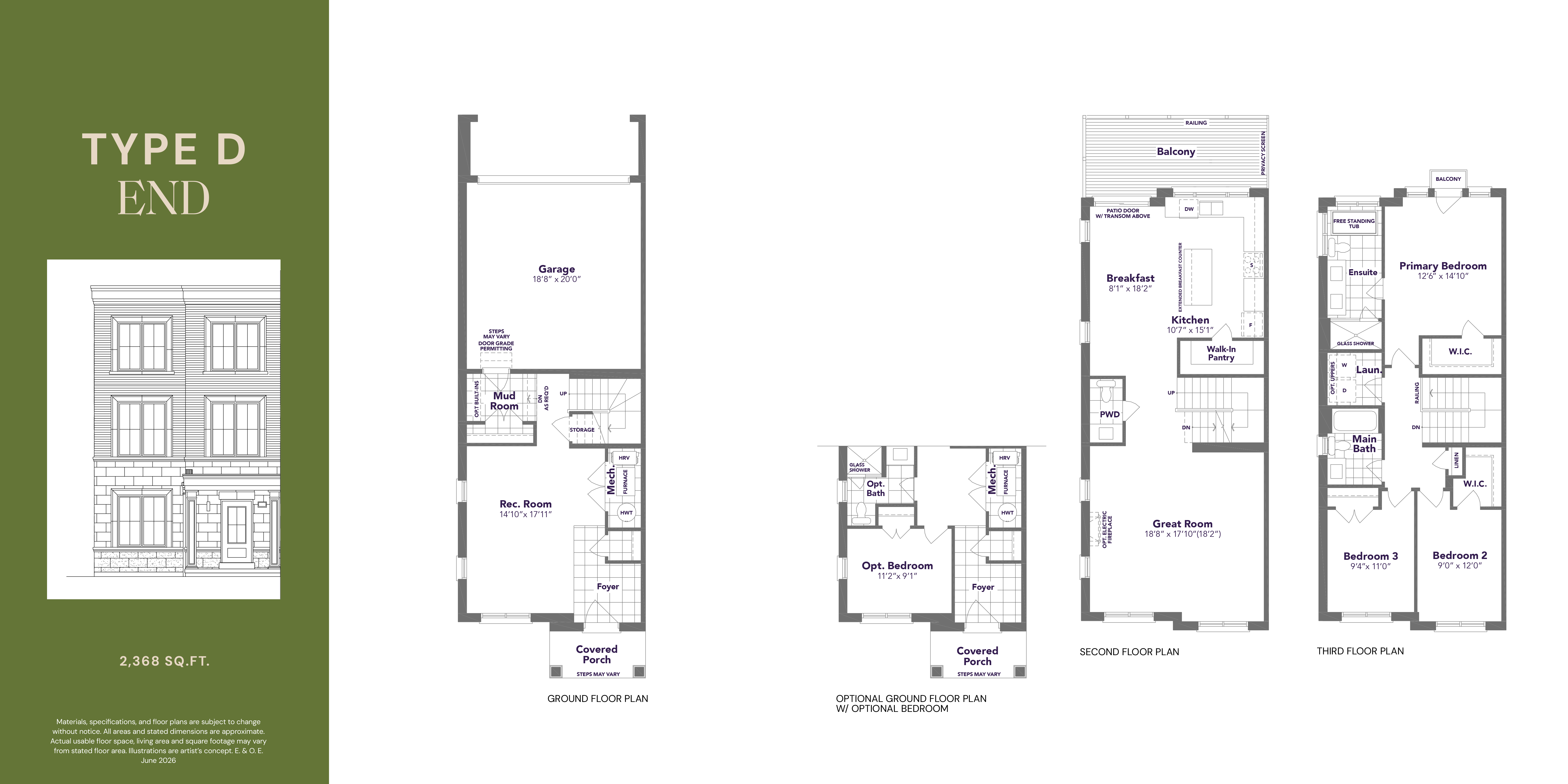 Type D End floor plan — 2,368 sq ft, 3 bedroom, 2.5 bathroom rear lane freehold townhome in Markham