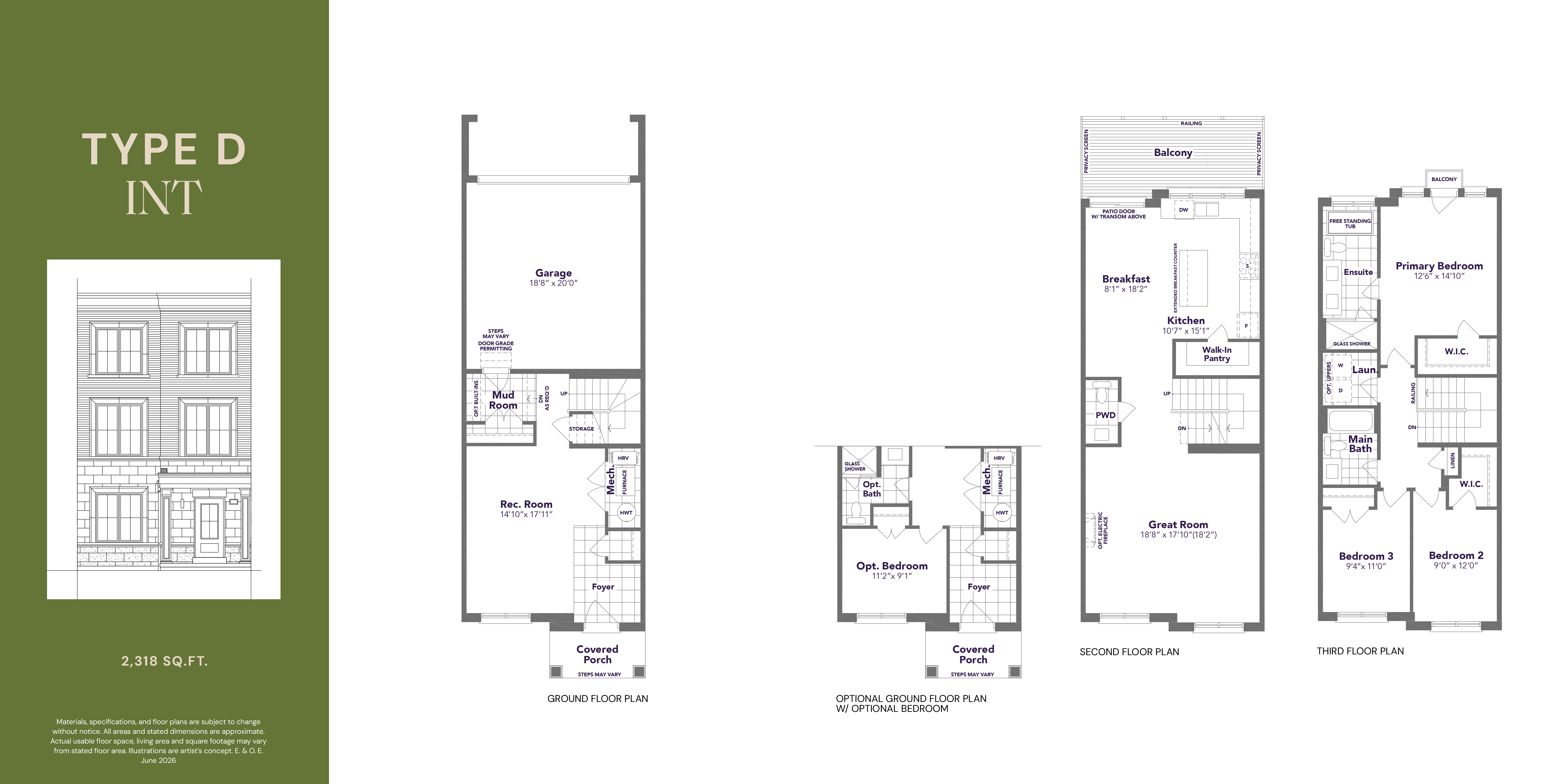 Type D Int floor plan — 2,318 sq ft, 3 bedroom, 2.5 bathroom rear lane freehold townhome in Markham