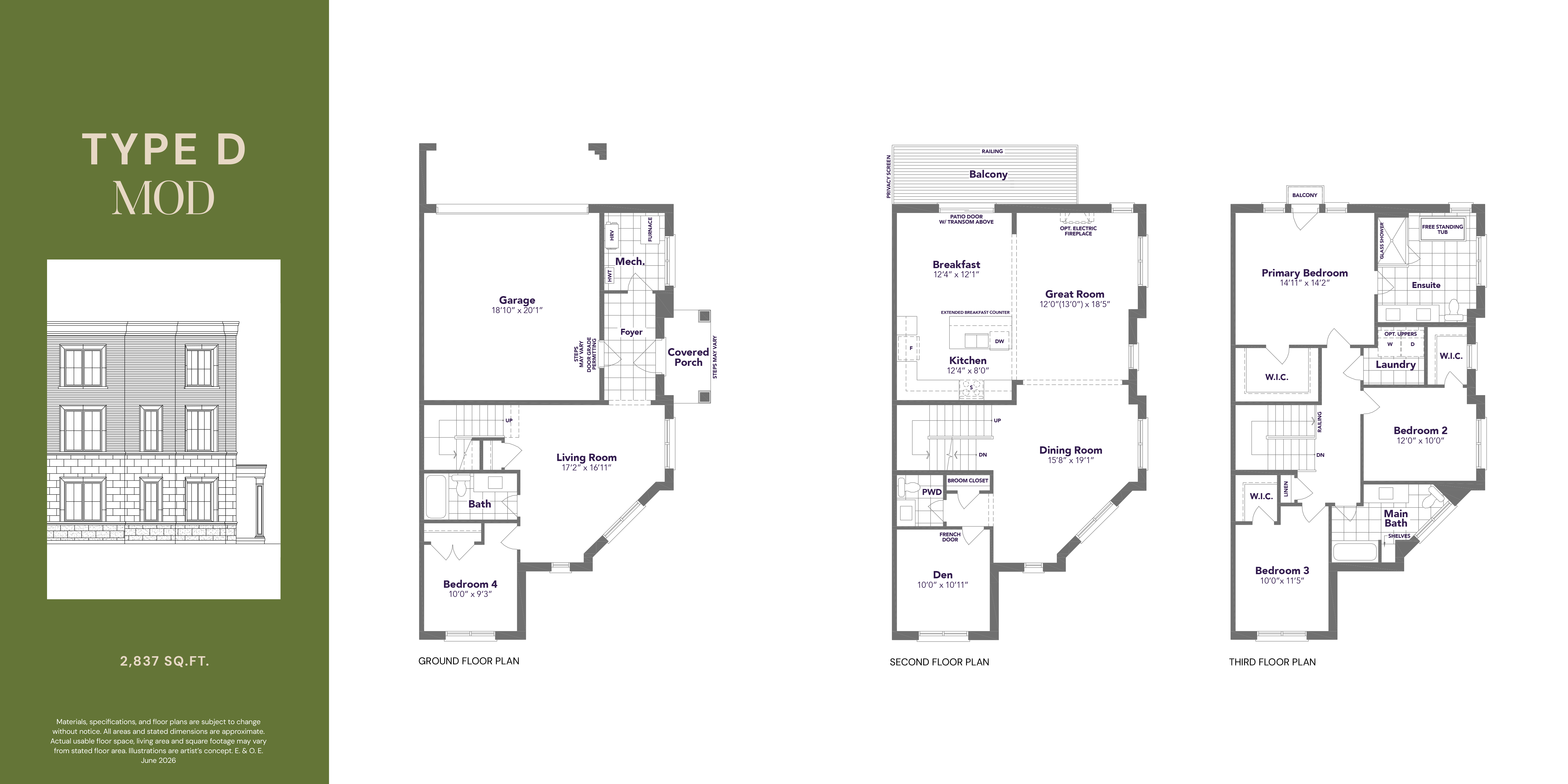 Type D Mod floor plan — 2,837 sq ft, 3 bedroom, 2.5 bathroom rear lane freehold townhome in Markham
