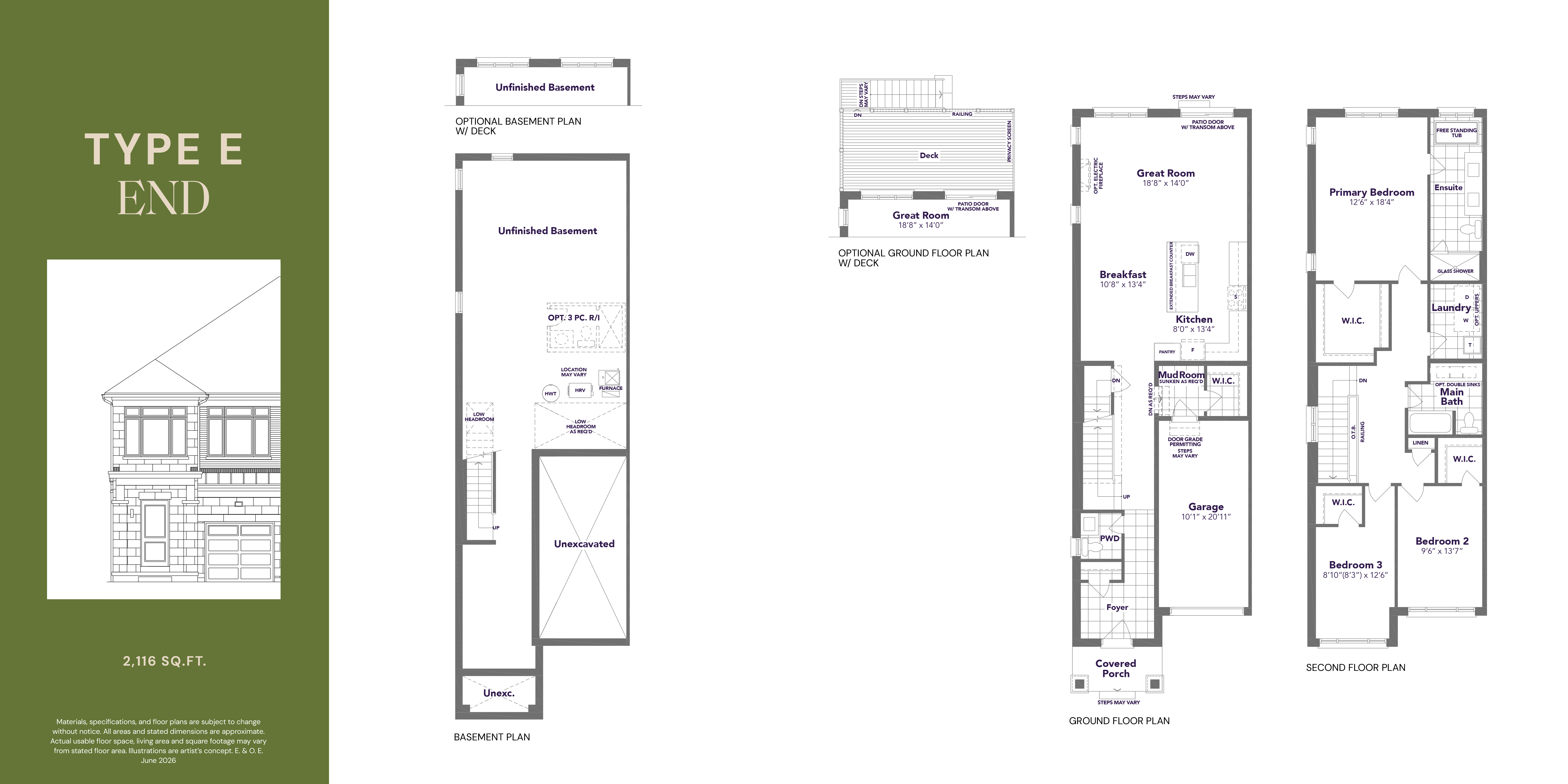Type E End floor plan — 2,116 sq ft, 4 bedroom, 2.5 bathroom rear lane freehold townhome in Markham