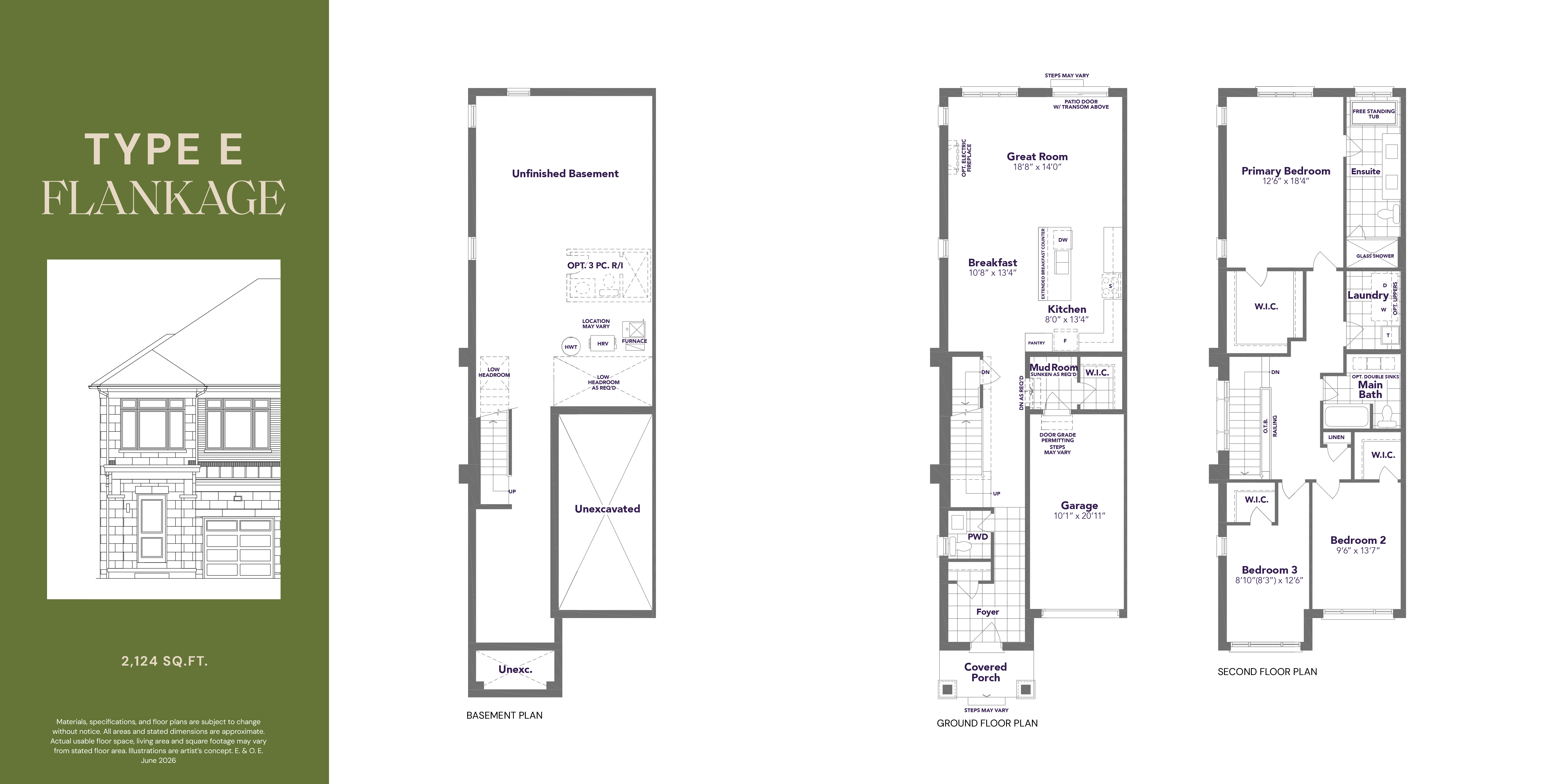 Type E Flankage floor plan — 2,124 sq ft, 3 bedroom, 2.5 bathroom rear lane freehold townhome in Markham
