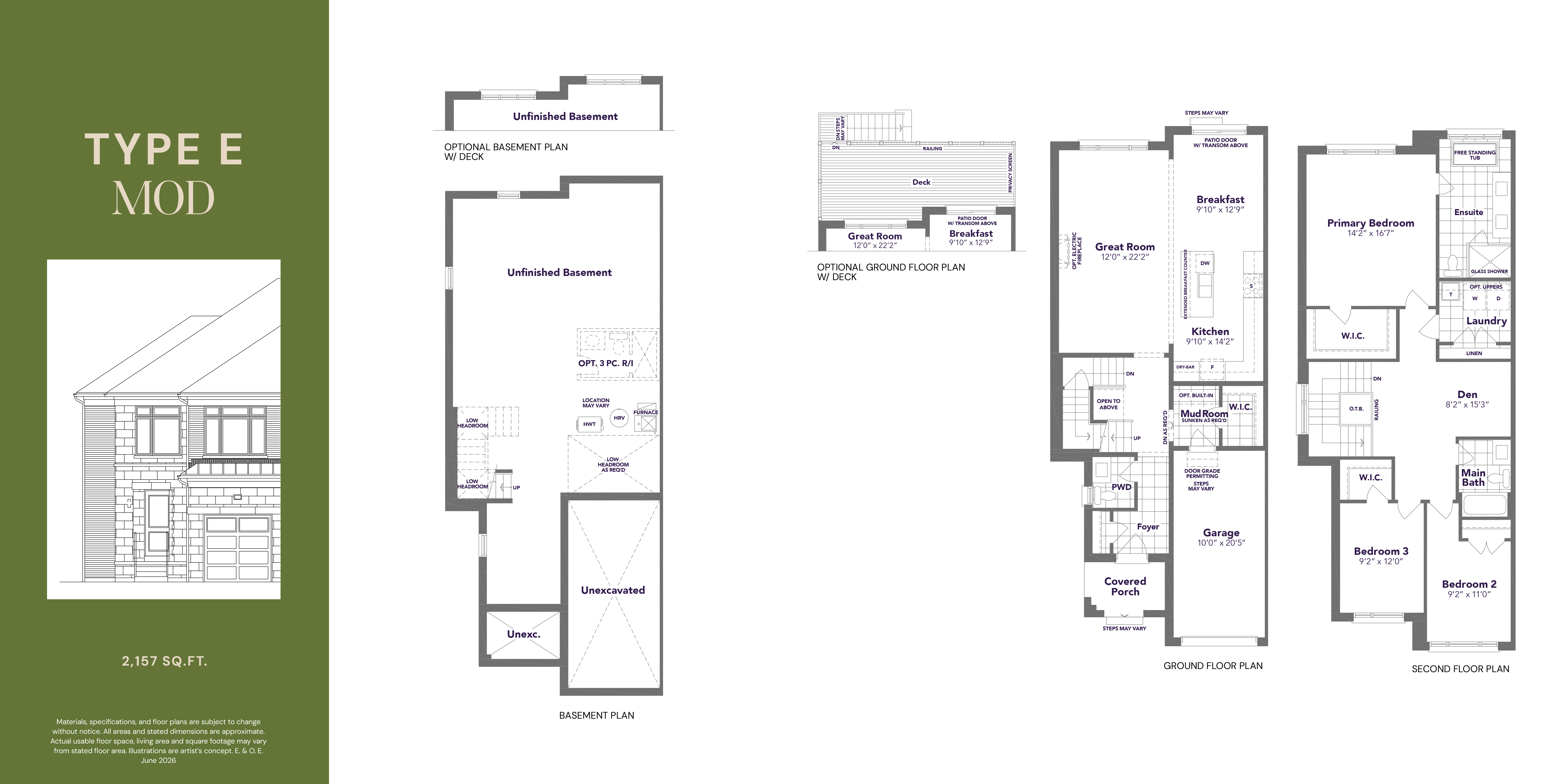 Type E Mod floor plan — 2,157 sq ft, 3 bedroom, 2.5 bathroom rear lane freehold townhome in Markham