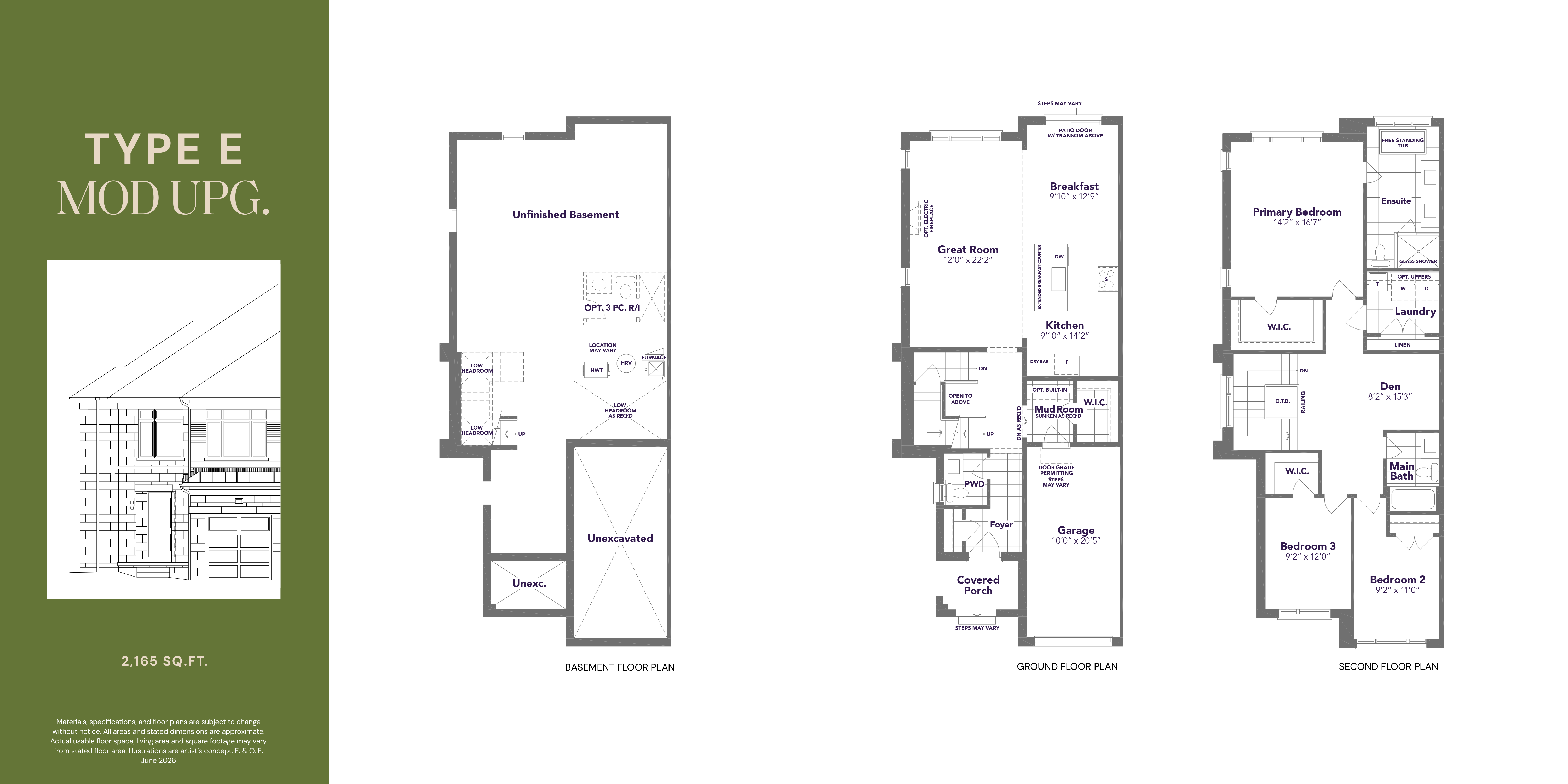 Type E Mod Upg. floor plan — 2,165 sq ft, 3 bedroom, 2.5 bathroom rear lane freehold townhome in Markham