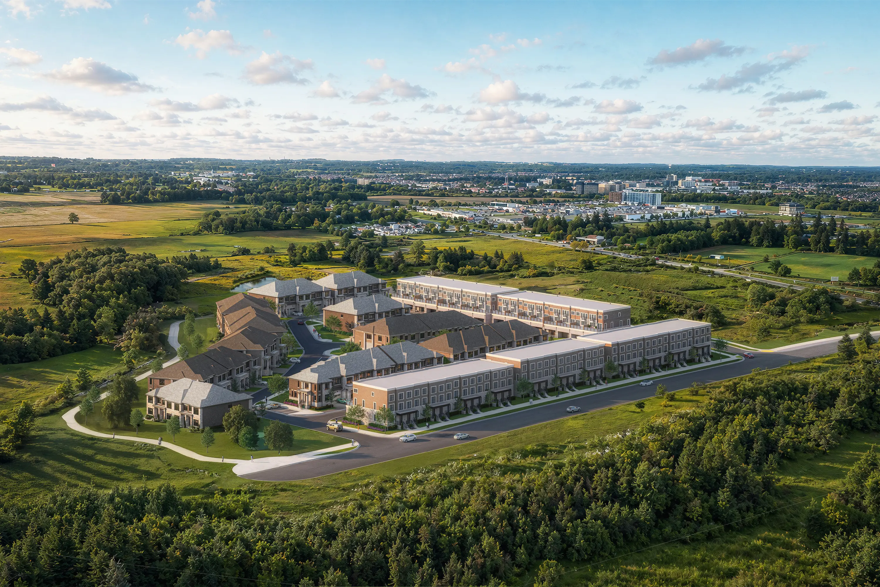 Aerial drone view of Kingshaven Towns townhomes site in Upper Markham